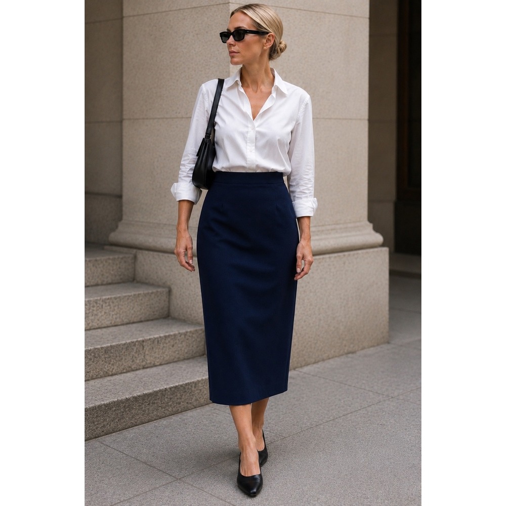 Vintage Talbots Navy Silk Wool Pencil Midi Skirt 8 CBK 90s Minimalist High Waist